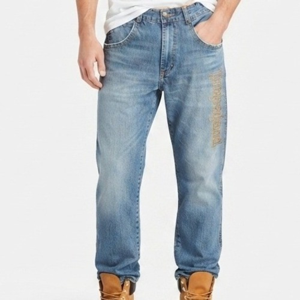 Timberland Jeans Mens 32 Blue Embroidered Logo Outdoor Rugged Workwear